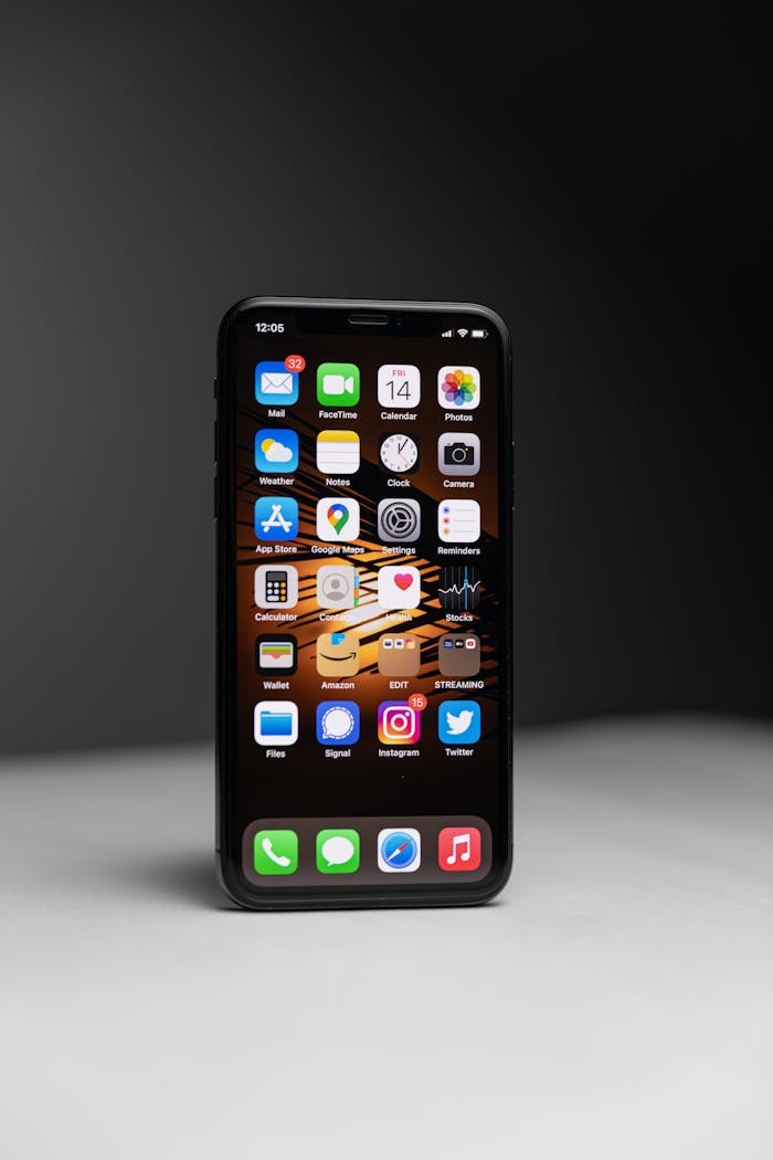 services-02 Close-up of a smartphone with an array of app icons against dark background.